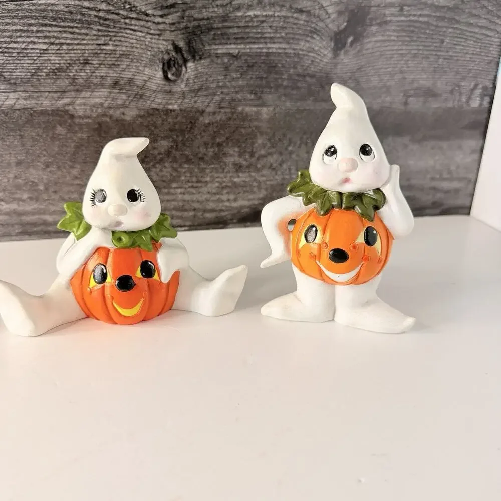 Vtg Ceramic Halloween Ghost Pumpkin Belly Figurine Anthropomorphic Set of 2